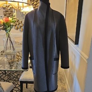 Clara SUN WOO Womens Stylish Gray Coat w/ Black Trim & Pockets